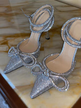 Silver Glitter Rhinestone Double Bow Pointy Flared Pumps With Ankle Wrap Strap